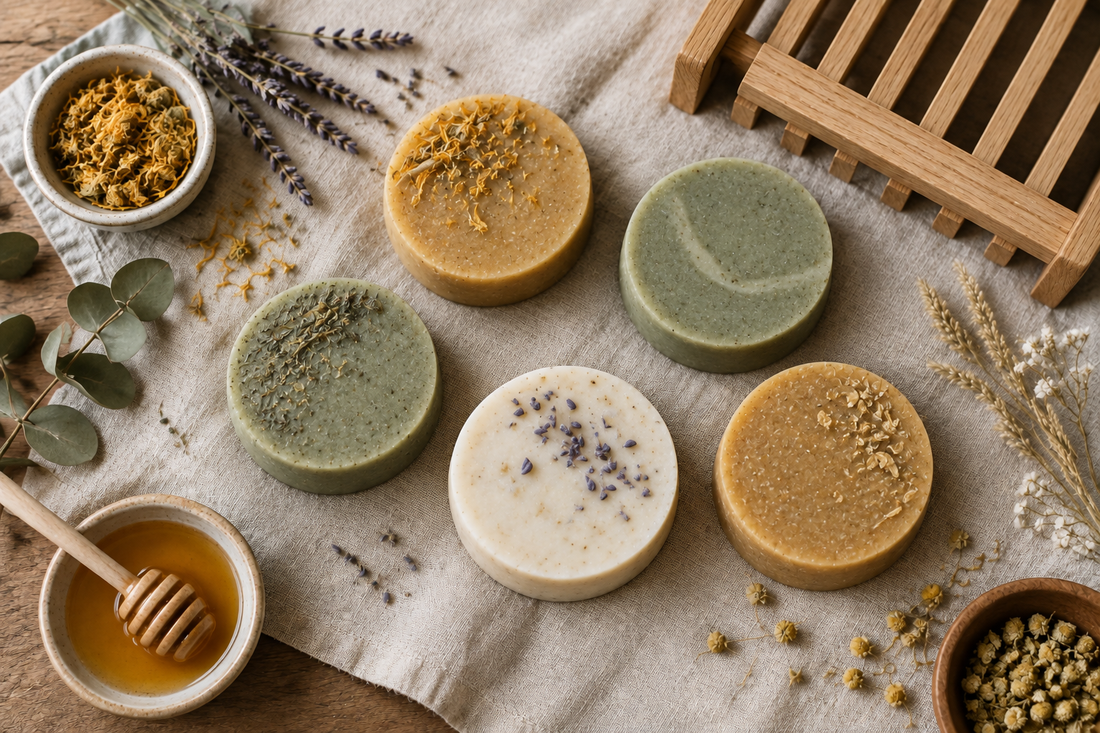 Round handmade soap bars in earthy tones on linen beside a wooden soap rack and dried botanicals.